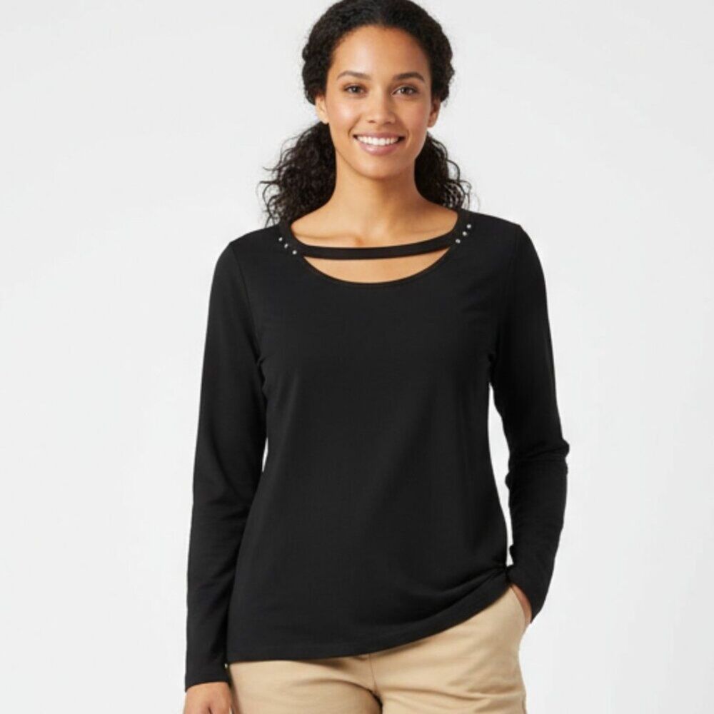 Ivanka Trump Black Cutout Neck Silver Metallic Ball Trim Knit Top M NEW
